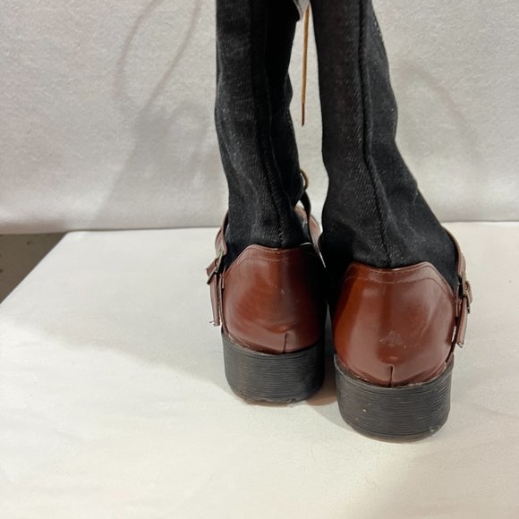 Womens Denim Knee High Boots Block Low Heels Round Toe Lace Up Buckle Shoes Hot - Picture 6 of 7